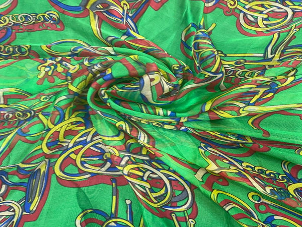 Green Maroon Abstract Printed Pure Chiffon Fabric