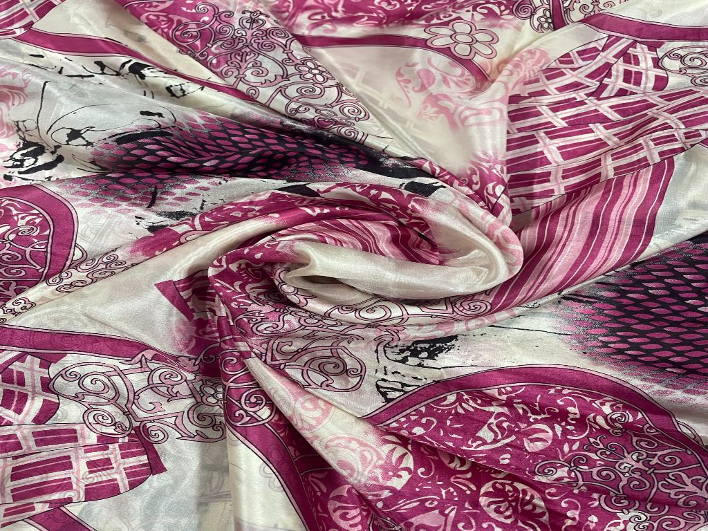 Cream & Pink Imported Silk Fabric