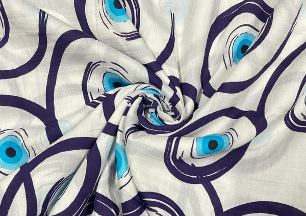 White & Purple Geometric Pure Cotton Silk Fabric