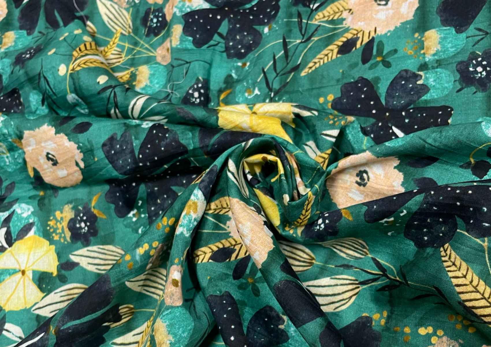 Dark Dull Green Multicolour Floral Printed Pure Cotton Silk Fabric