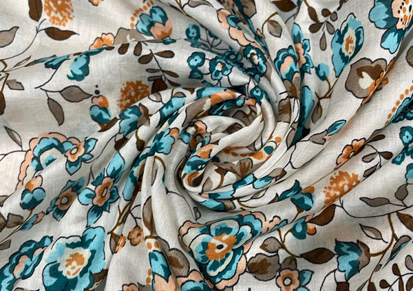 White & Blue Floral Pure Chanderi Silk Fabric