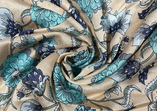 Beige & Blue Floral Printed Pure Chanderi Silk Fabric