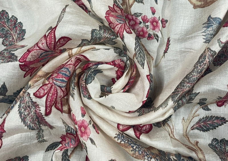 Pure Chanderi Silk Off White Pink Floral Print