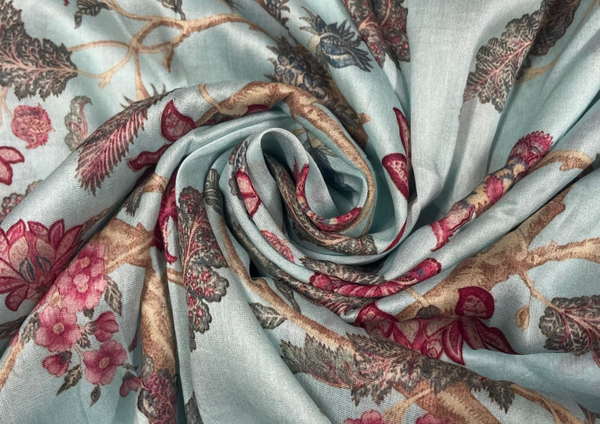 Sky Blue Floral Printed Chanderi Silk Fabric