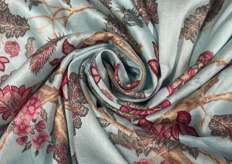 Sky Blue Floral Printed Chanderi Silk Fabric