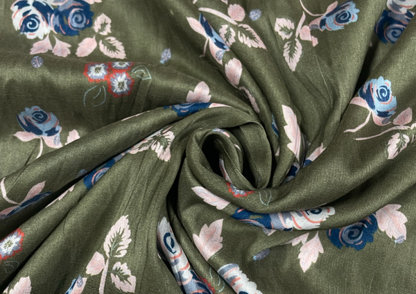 Mehendi Green Floral Printed Pure Chanderi Silk Fabric