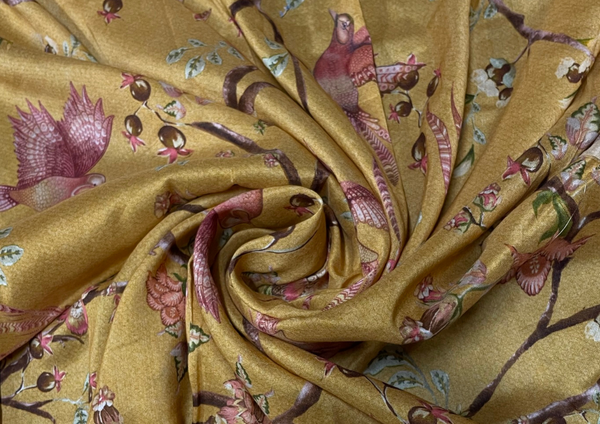 Mustard Floral Printed Chanderi Silk Fabric