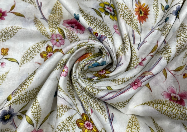 White Floral Printed Chanderi Silk Fabric
