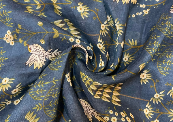 Navy Blue Floral Printed Pure Chanderi Fabric