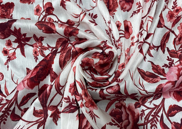 White & Maroon Floral Printed Chanderi Silk Fabric