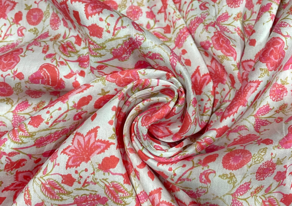 White & Pink Floral Pure Chanderi Silk Fabric