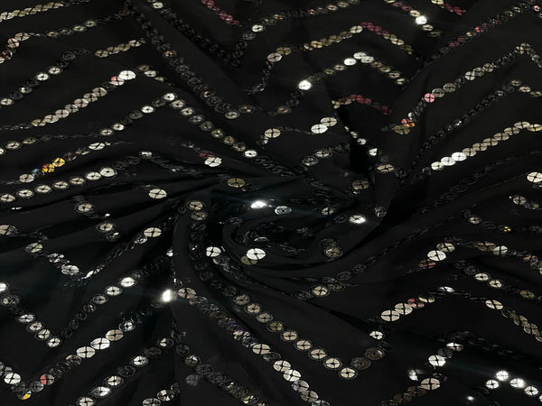 Black Chevron Georgette Embroidered Fabric