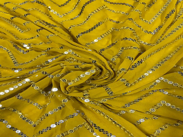 Yellow Chevron Georgette Embroidered Fabric