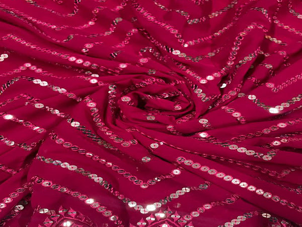 Magenta Chevron Georgette Embroidered Fabric