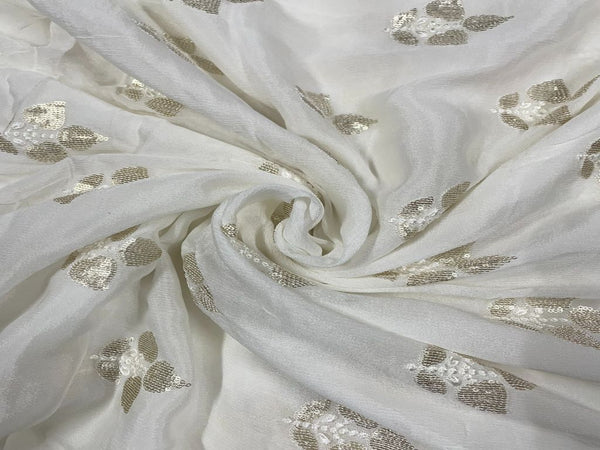 White Floral Dyeable Embroidered Chiffon Fabric