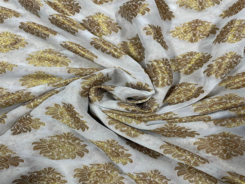 Dyeable Banarasi Semi Georgette White Dark Golden Flowers