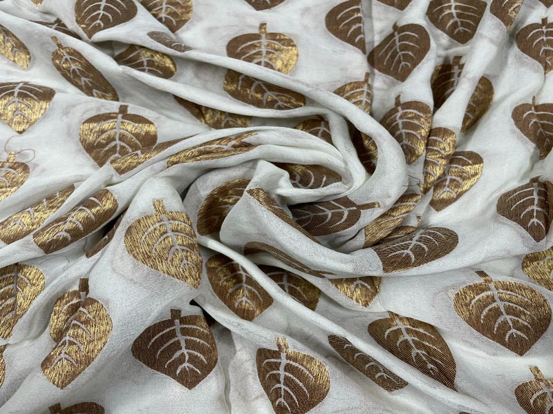 Dyeable Pure Georgette Banarasi White Golden Leaves