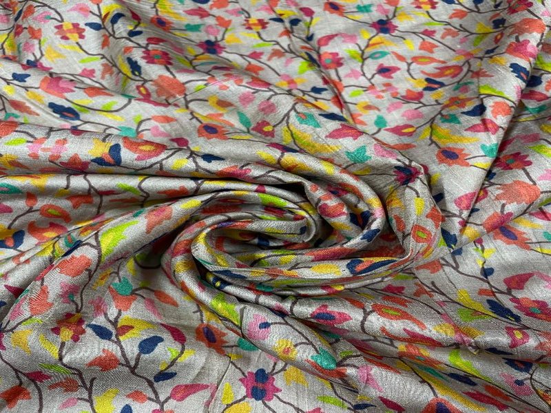 Pure Tussar Silk Beige Multicolor Floral