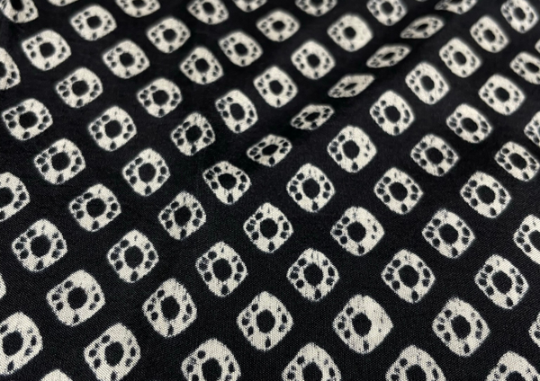 Jet Black Geometric Printed Habutai Silk Fabric
