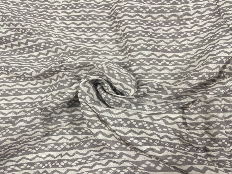 Printed Cotton Mul Light Grey Geometric Stripes