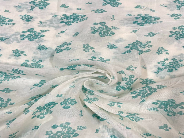 White & Blue Floral Printed Cotton Mul Fabric