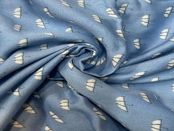 Blue Printed Cotton Mul Satin Fabric