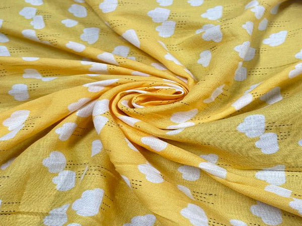 Yellow & White Clouds Printed Cotton Mul Satin Fabric