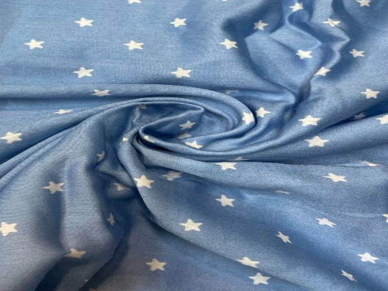 Printed Cotton Mul Satin Blue White Stars