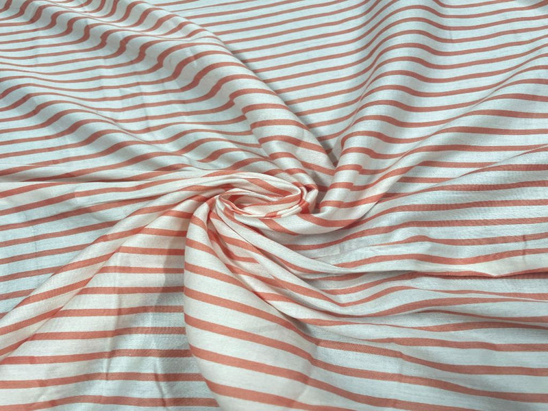 Printed Cotton Mul Satin White Orange Stripes