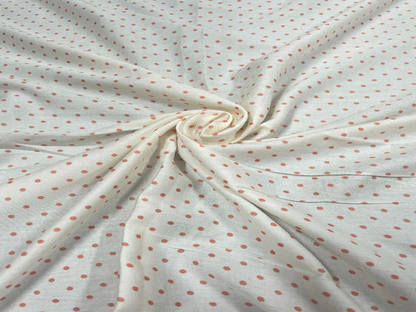 White & Orange Dots Printed Cotton Mul Satin Fabric