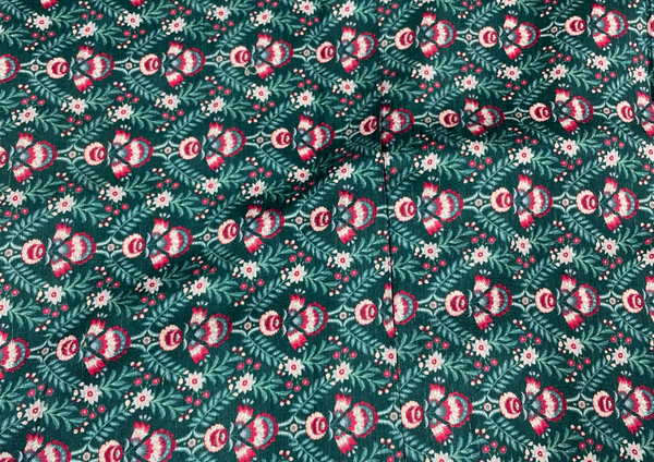 Teal Green Floral Pure Raw Silk Fabric