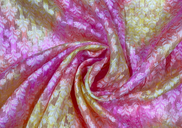 Pink & Yellow Floral Chanderi Silk Fabric