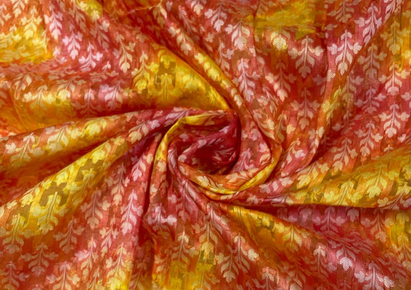 Orange & Yellow Floral Chanderi Silk Fabric