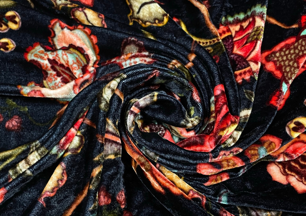 Black Floral Printed Pure Velvet Fabric