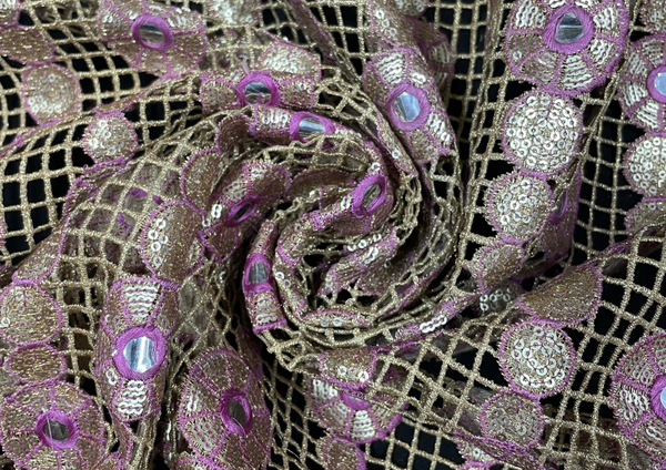 Embroidered Net Purple Golden Geometric Cutwork