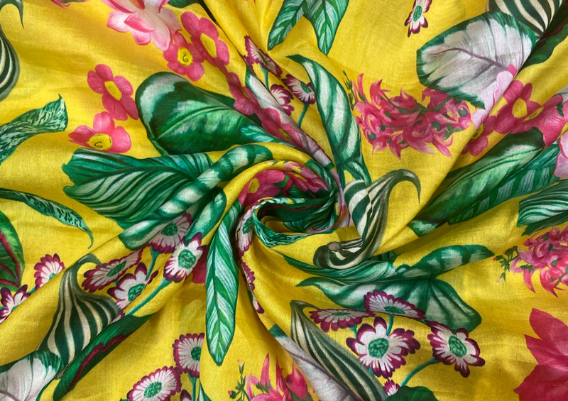 Yellow Floral Pure Chanderi Silk Fabric