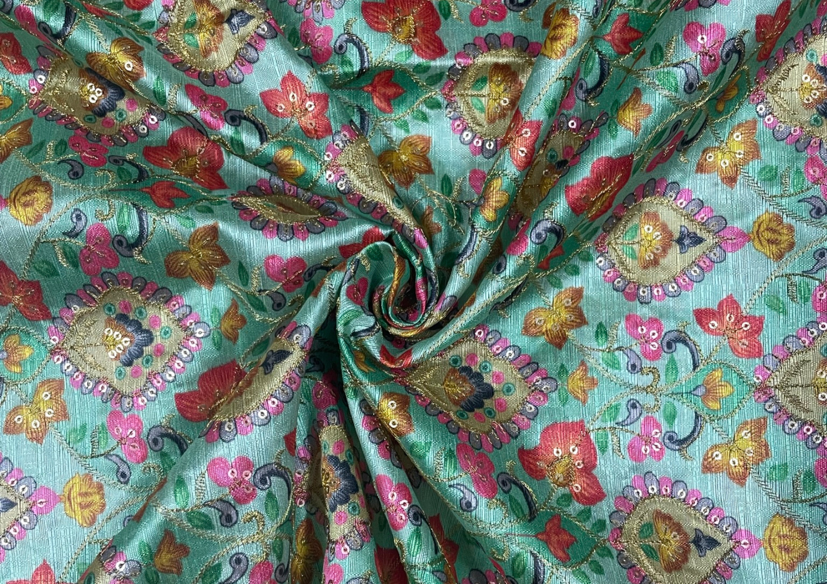 Multicolor Floral Embroidered Mulberry Silk Fabric