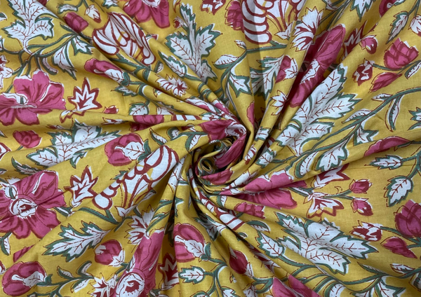 Yellow Floral Printed Cotton Cambric Fabric