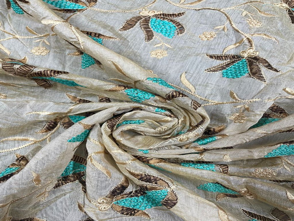Multicolor Floral Pure Chanderi Embroidered Silk Fabric