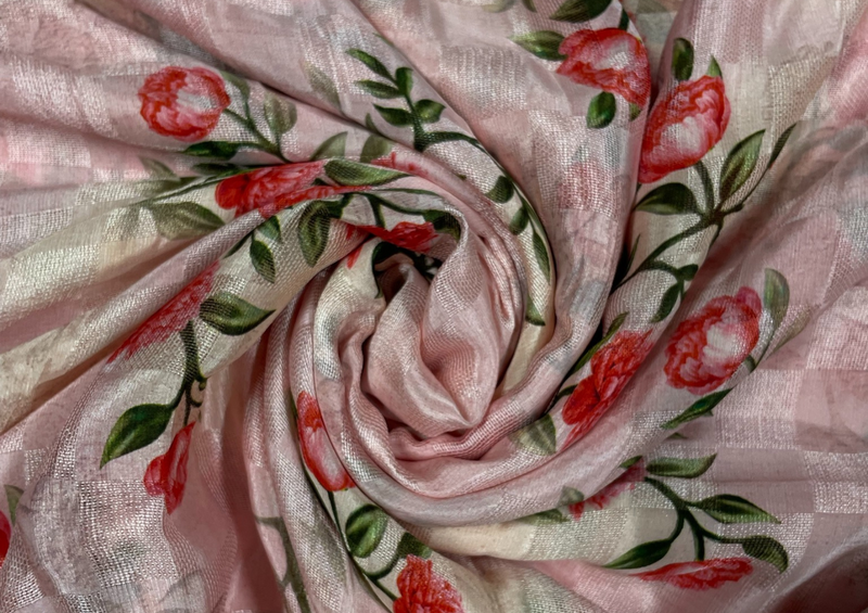 Pure Silk Checknet Pink Floral Print