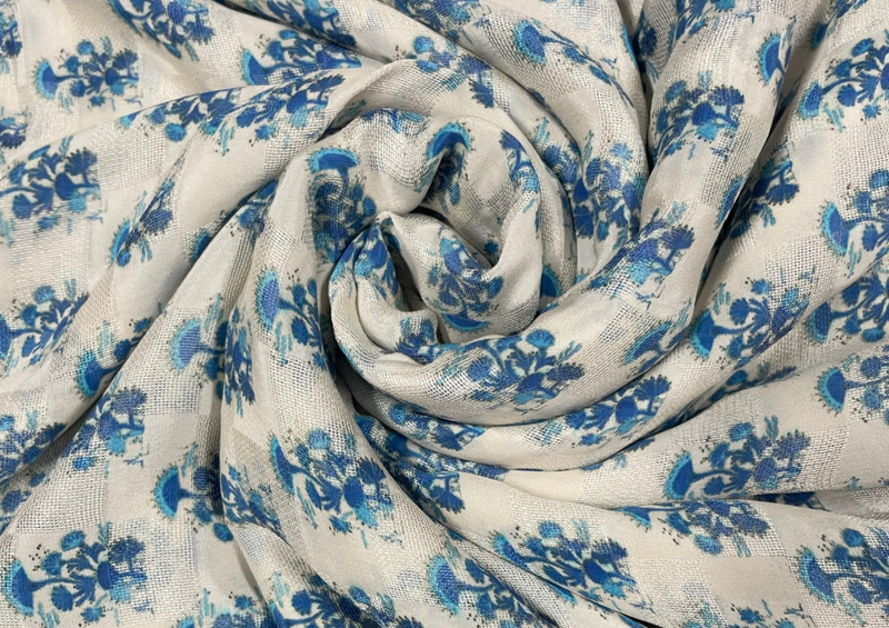 Pure Silk Checknet White Blue Flower Print