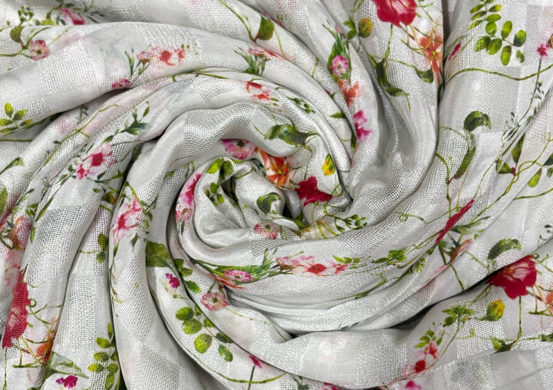 Pure Silk Checknet White Flowers Print