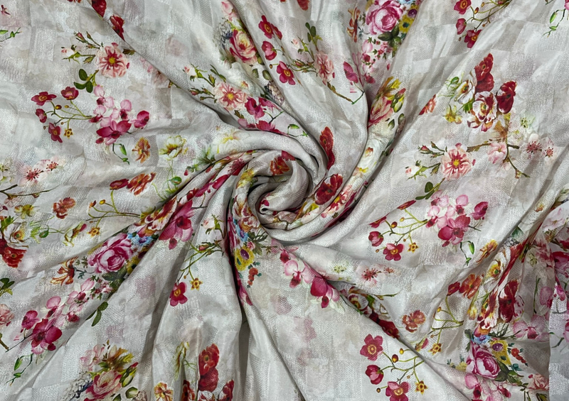 Pure Silk Checknet White Pink Floral Print