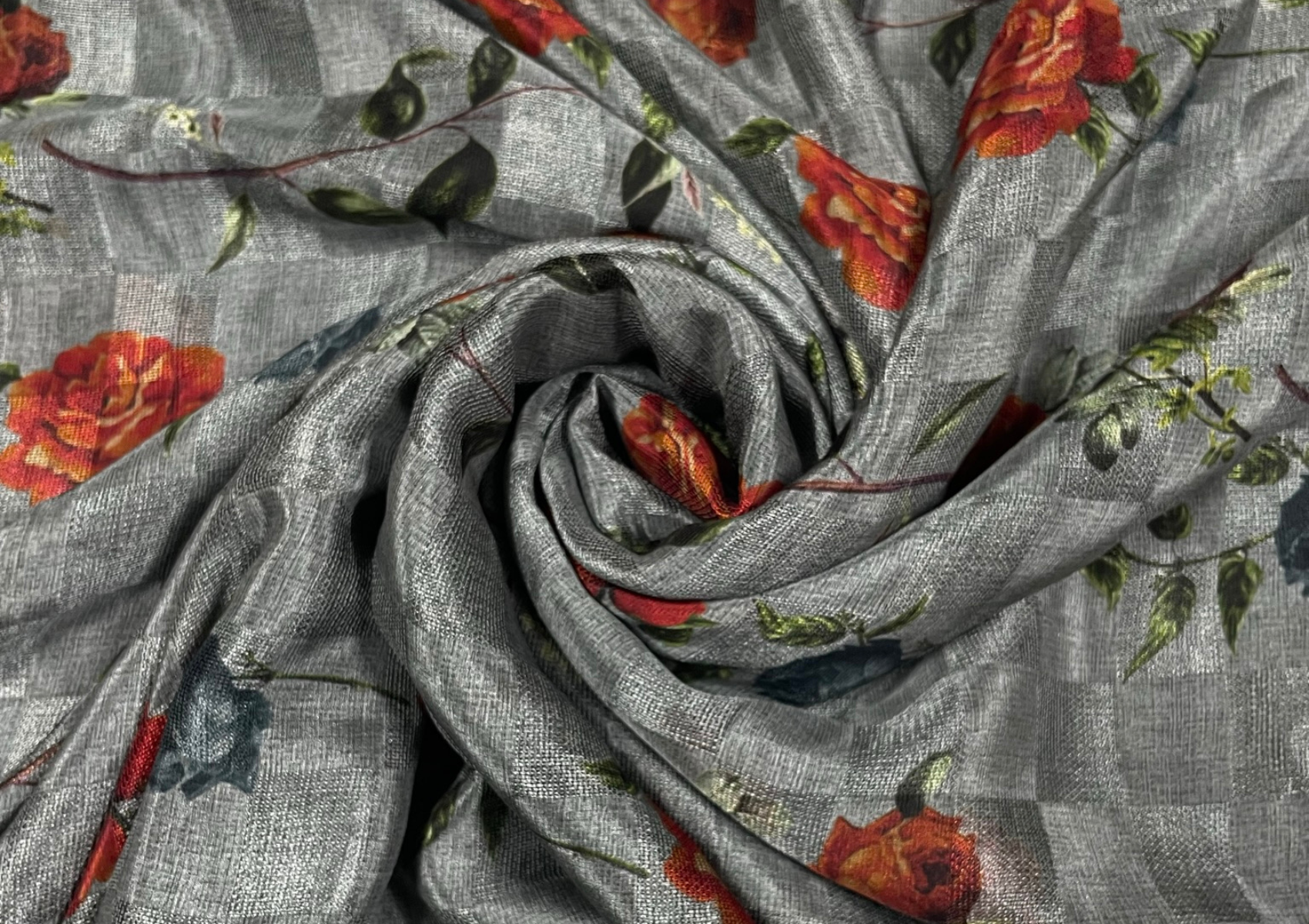 Dark Grey Floral Printed Pure Checknet Silk Fabric