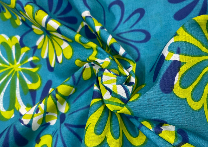 Cotton Cambric Teal Blue Yellow Flowers Print