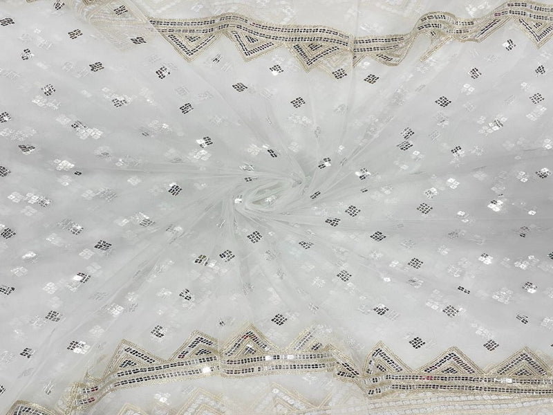 Dyeable Embroidered Net White Silver Geometric Motifs