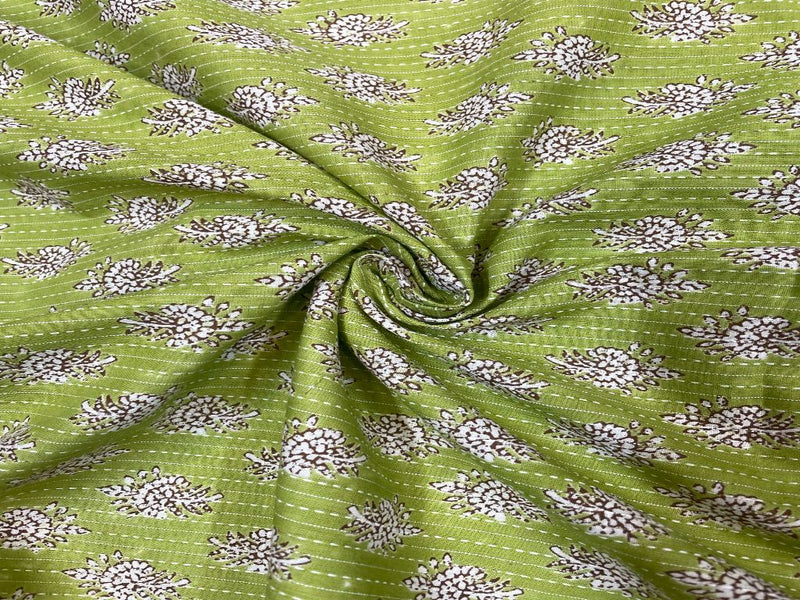 Cotton Cambric Kantha Parrot Green Abstract Print