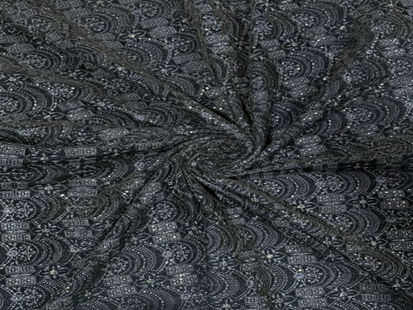 Deep Navy Blue Traditional Embroidered Velvet Fabric