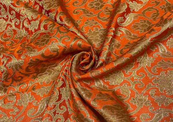 Orange & Golden Floral Pure Brocade Silk Fabric