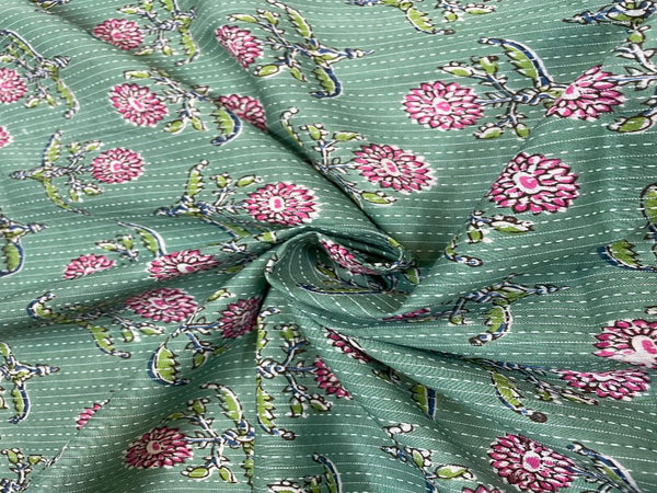 Dull Floral Green Cotton Cambric Kantha Print Fabric